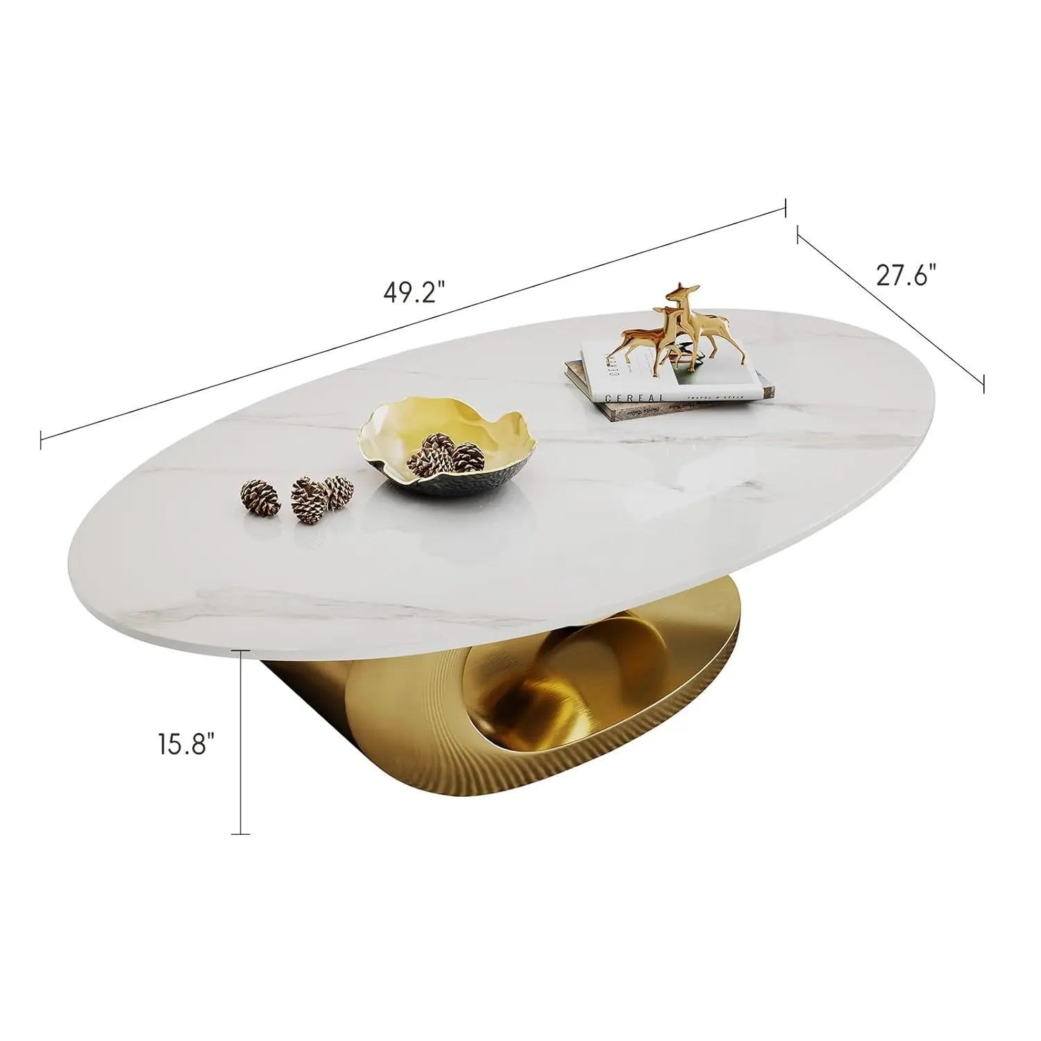 Modern Oval Stone Coffee Table with Gold Metal Base - Scratch-Resistant Rock Slab Top, Aviation-Grade Design -, Customized