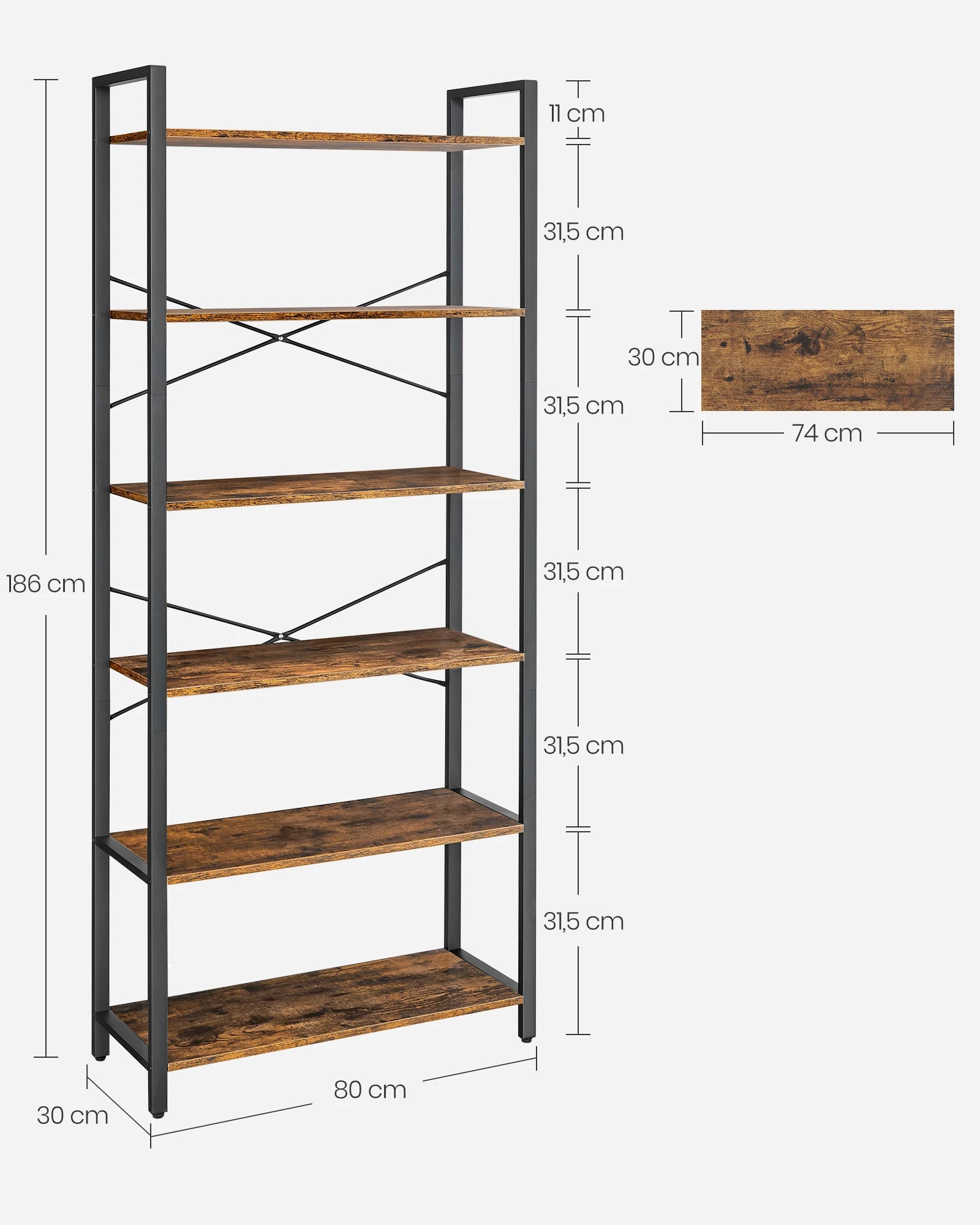 VASAGLE 6-Tier Bookshelf, Bookcase, Shelving Unit, for Office, Study, Living Room, Bedroom, 30 x 80 x 186 cm, Industrial