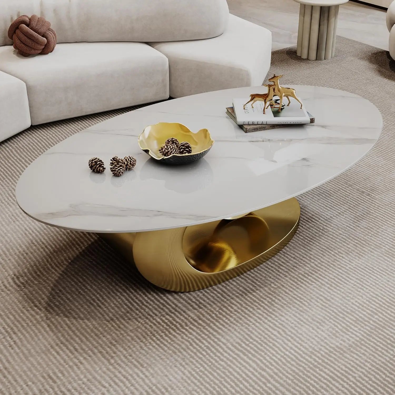 Modern Oval Stone Coffee Table with Gold Metal Base - Scratch-Resistant Rock Slab Top, Aviation-Grade Design -, Customized