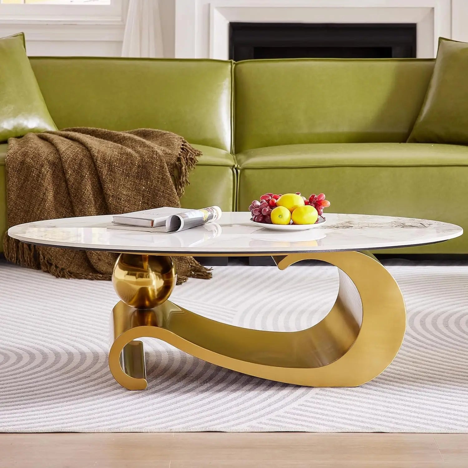 Modern Oval Stone Coffee Table with Gold Metal Base - Scratch-Resistant Rock Slab Top, Aviation-Grade Design -, Customized