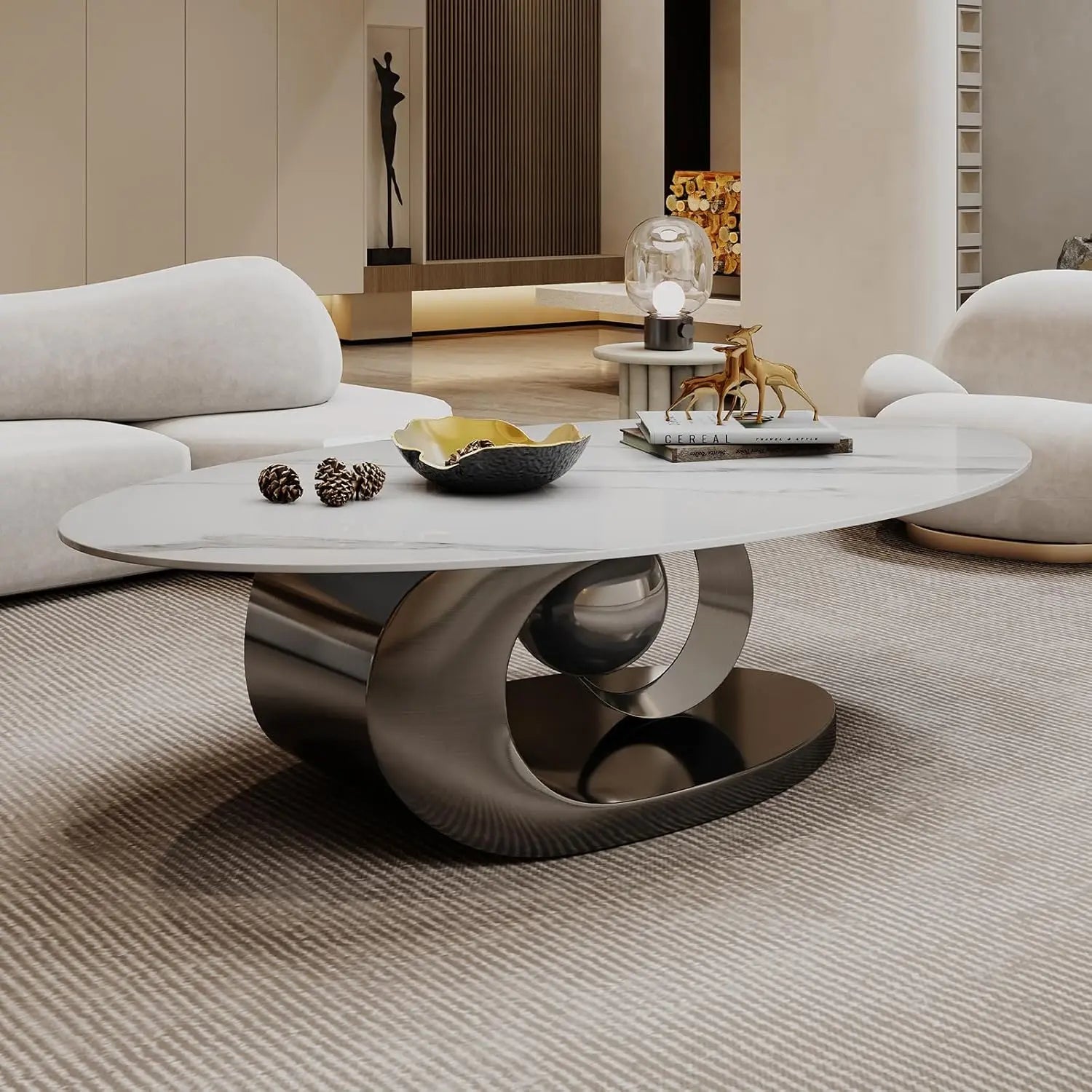 Modern Oval Stone Coffee Table with Gold Metal Base - Scratch-Resistant Rock Slab Top, Aviation-Grade Design -, Customized