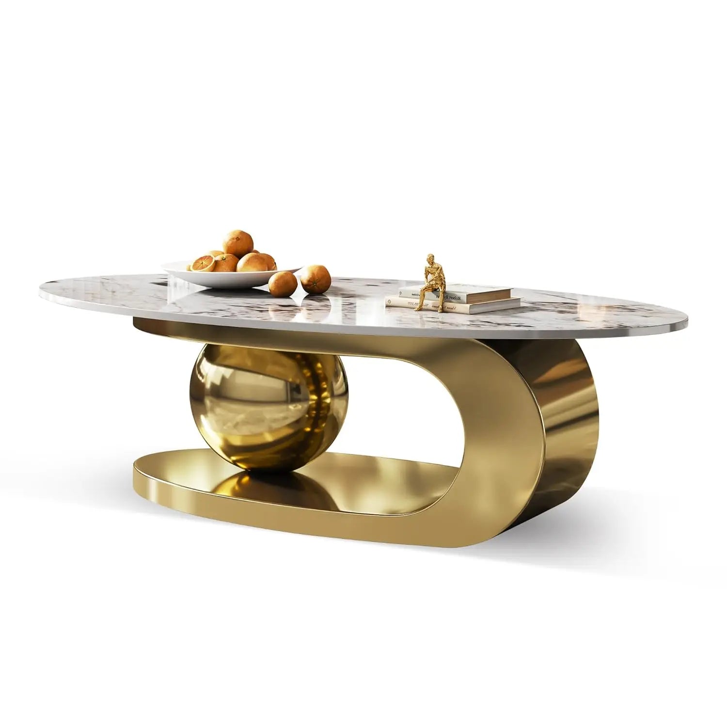 Modern Oval Stone Coffee Table with Gold Metal Base - Scratch-Resistant Rock Slab Top, Aviation-Grade Design -, Customized