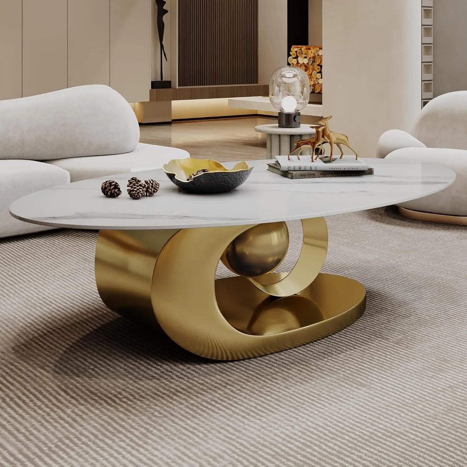 Modern Oval Stone Coffee Table with Gold Metal Base - Scratch-Resistant Rock Slab Top, Aviation-Grade Design -, Customized