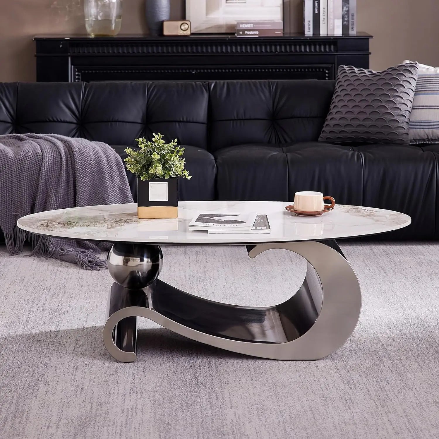 Modern Oval Stone Coffee Table with Gold Metal Base - Scratch-Resistant Rock Slab Top, Aviation-Grade Design -, Customized