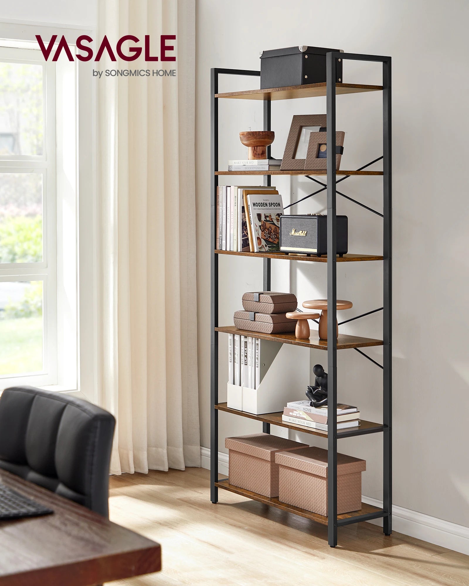 VASAGLE 6-Tier Bookshelf, Bookcase, Shelving Unit, for Office, Study, Living Room, Bedroom, 30 x 80 x 186 cm, Industrial