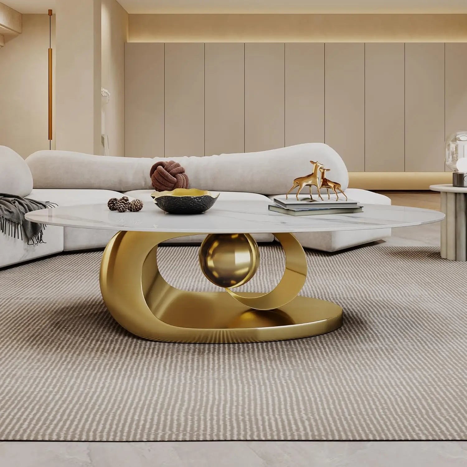 Modern Oval Stone Coffee Table with Gold Metal Base - Scratch-Resistant Rock Slab Top, Aviation-Grade Design -, Customized