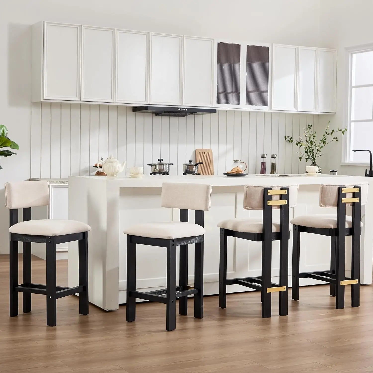 26 inch Farmhouse Bar Stools Set of 4 Sherpa Upholstered Kitchen Stool Wood Legs Boho Pub Stools with Back Modern, Customized